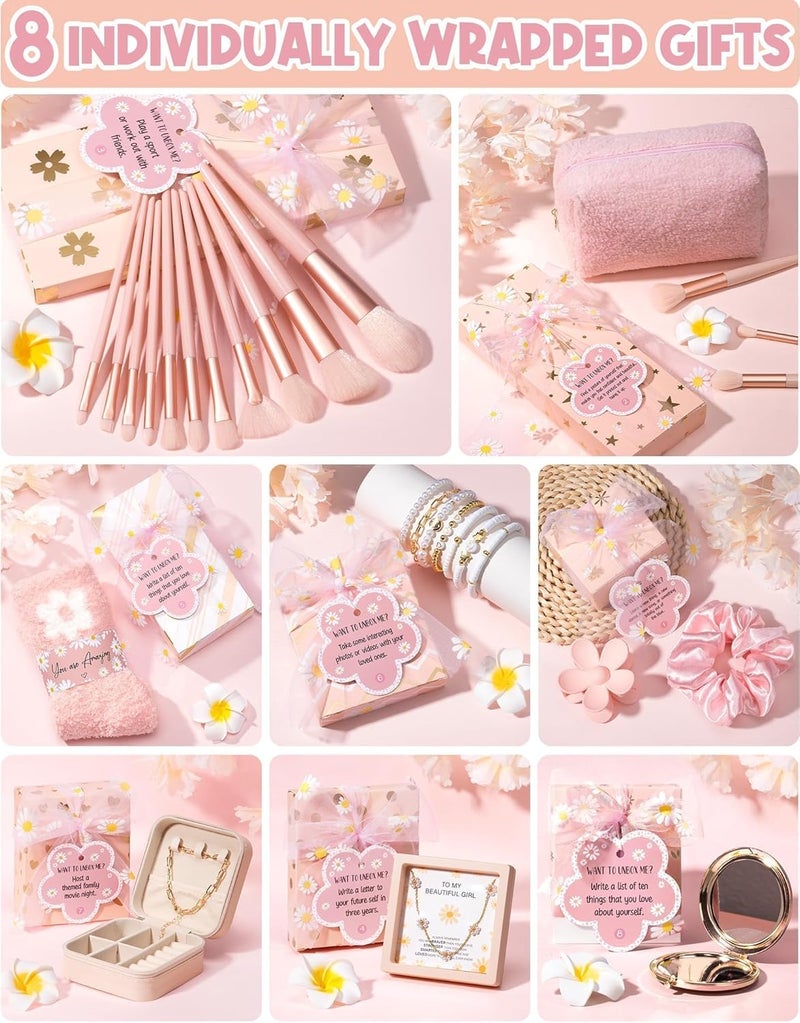 Qinline Valentines Day Gifts for Tween & Teen Girls - 8 PCS Birthday Gift Basket Teenage Girl Gifts Trendy Stuff w/ Fun Task Tags Makeup Brushes & Bag, Empower Positive Wrapped Gift Box for Daughter Niece - Image 4